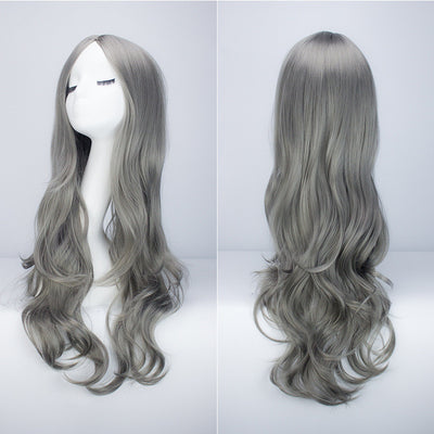 Cabeza de Maniquí Cabello Gris Largo Ondulado con Flequillo Desfilado