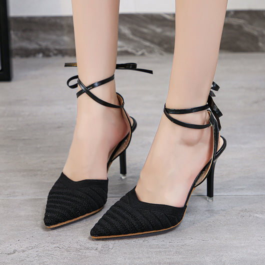 Sandalias Stiletto Punta Afilada Tejido Volador Estilo Coreano para Mujer - Image 5