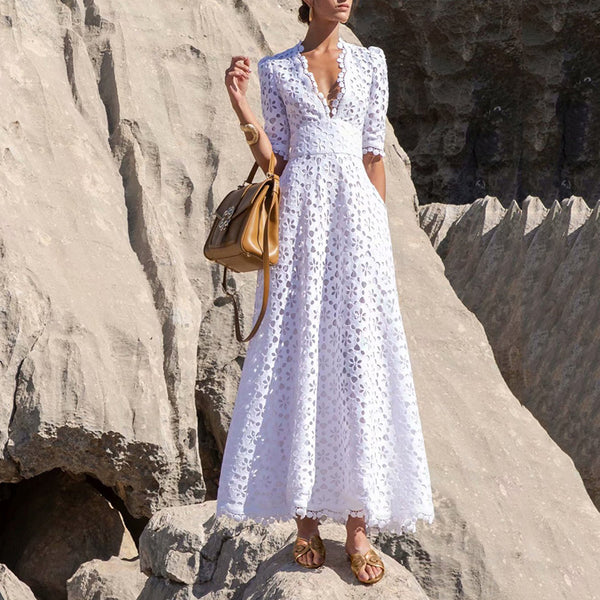 Vestido Elegante Hueco con Escote V y Cintura Ajustable