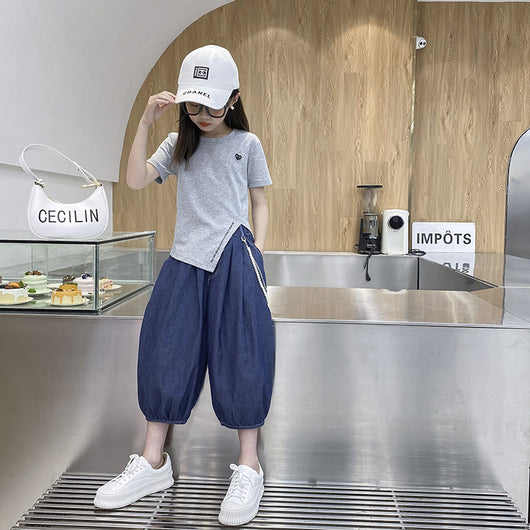 Conjunto de Dos Piezas: Bloomers Denim Tendencia y Camiseta Casual - Image 3