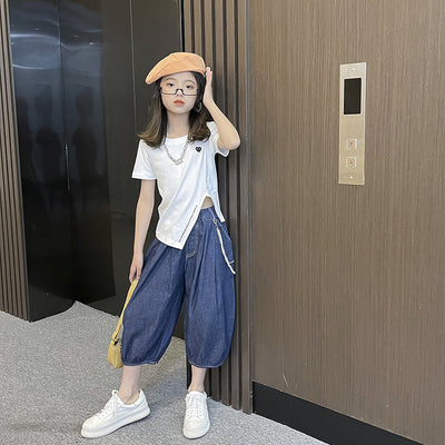 Conjunto de Dos Piezas: Bloomers Denim Tendencia y Camiseta Casual - Image 2