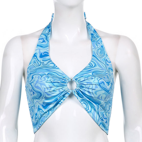 Chaleco Halter Plisado con Cordón Estampado