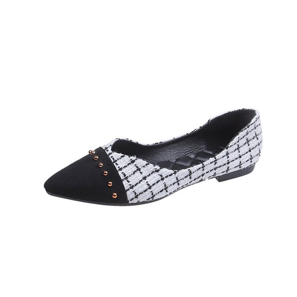 Zapatos de Mujer con Punta Afilada, Diseño Cuadros y Remaches Plateados
