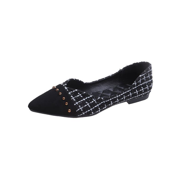 Zapatos de Mujer con Punta Afilada, Diseño Cuadros y Remaches Plateados