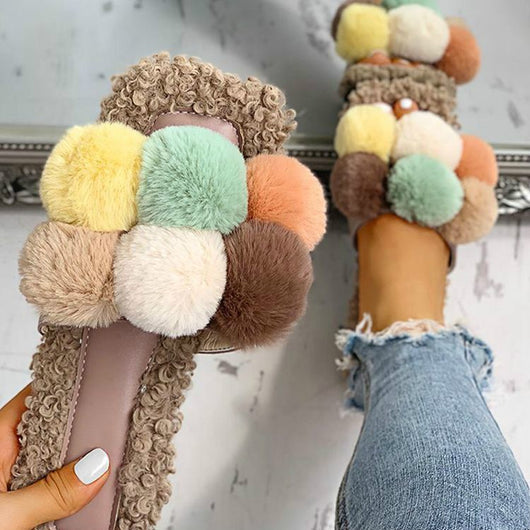 Pantuflas Mullidas con Pompones Coloridos para Mujer - Image 2