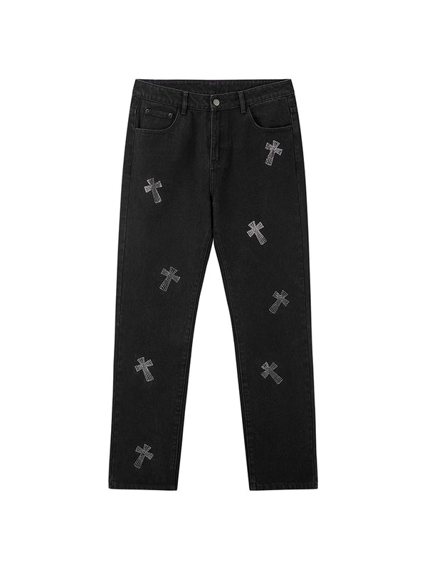 Jeans Negro con Cruces y Brillantes Retro