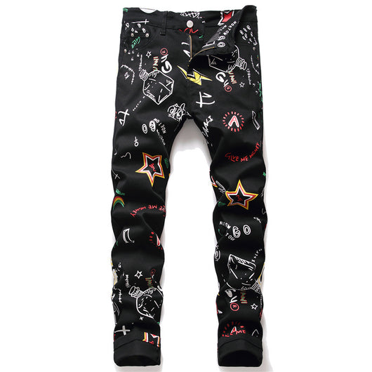 Pantalones Vaqueros Graffiti Negro Tendencia Urbana Cintura Media - Image 8
