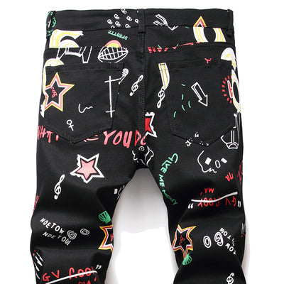 Pantalones Vaqueros Graffiti Negro Tendencia Urbana Cintura Media - Image 3