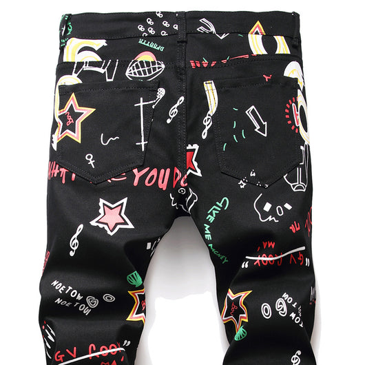 Pantalones Vaqueros Graffiti Negro Tendencia Urbana Cintura Media - Image 4