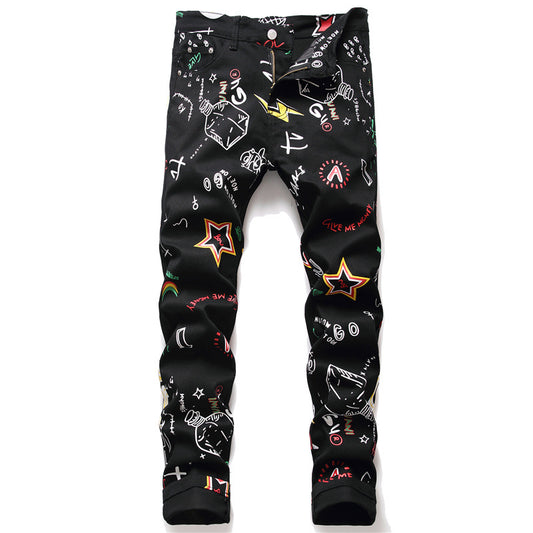 Pantalones Vaqueros Graffiti Negro Tendencia Urbana Cintura Media