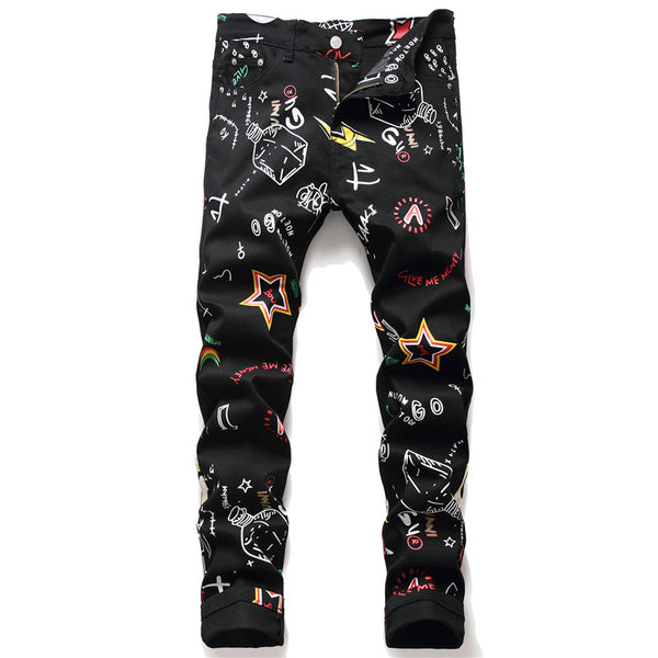 Pantalones Vaqueros Graffiti Negro Tendencia Urbana Cintura Media