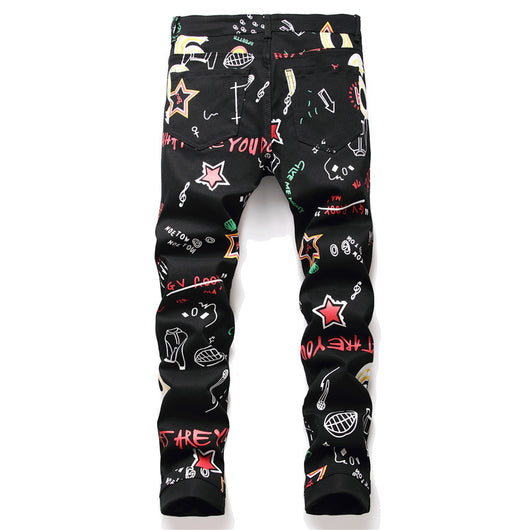 Pantalones Vaqueros Graffiti Negro Tendencia Urbana Cintura Media - Image 2