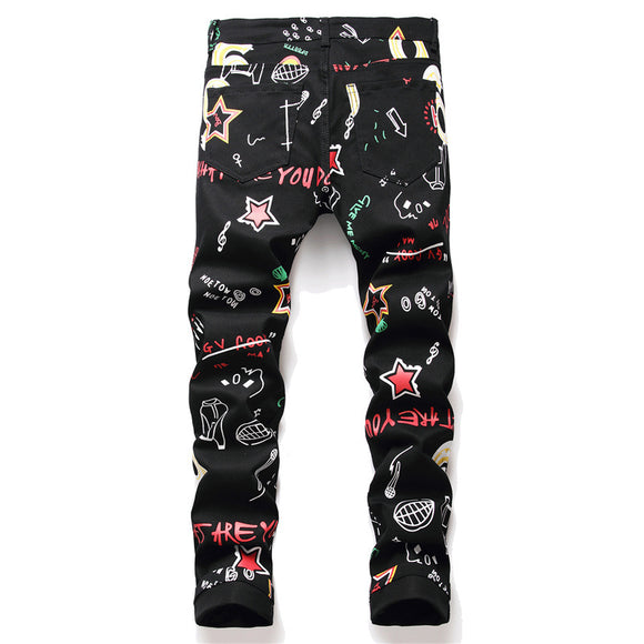 Pantalones Vaqueros Graffiti Negro Tendencia Urbana Cintura Media