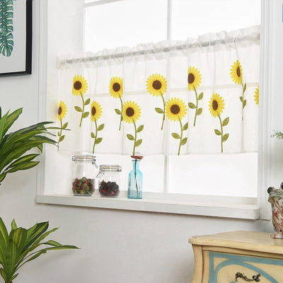 White sheer curtain with embroidered yellow sunflowers and green stems, hanging on a window rod. - Image 2