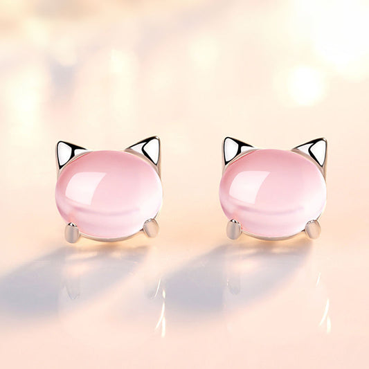 Aretes de Plata Pura S925 Gatos Coreanos para Niñas y Adolescentes
