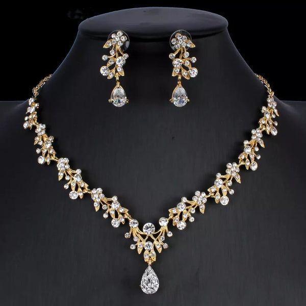Conjunto de Joyería Nupcial Circón Dorado - Collar y Aretes para Boda