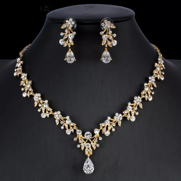 Conjunto de Joias Nupcial Dourado com Zircônia - Colar e Brincos para Casamento