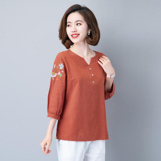 Blusa de Algodón y Lino con Manga 3/4 para Mujer - Image 9
