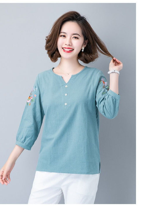 Blusa de Algodón y Lino con Manga 3/4 para Mujer - Image 4