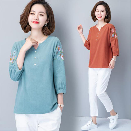 Blusa de Algodón y Lino con Manga 3/4 para Mujer - Image 5