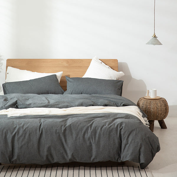 Juego de Cama Minimalista Japonés con Funda Nórdica y Sábanas de Color Liso
