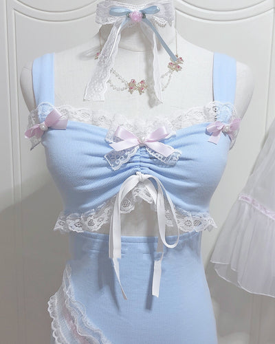 Falda Suspender Azul Ajustada con Encaje Hueco y Abertura Lateral - Image 7