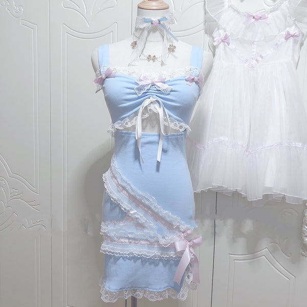 Falda Suspender Azul Ajustada con Encaje Hueco y Abertura Lateral