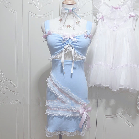 Falda Suspender Azul Ajustada con Encaje Hueco y Abertura Lateral
