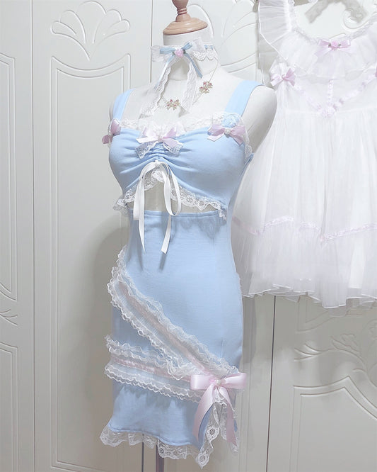 Falda Suspender Azul Ajustada con Encaje Hueco y Abertura Lateral