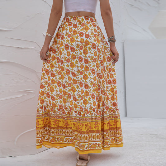 Falda Estampada de Cintura Alta con Botones y Abertura Lateral