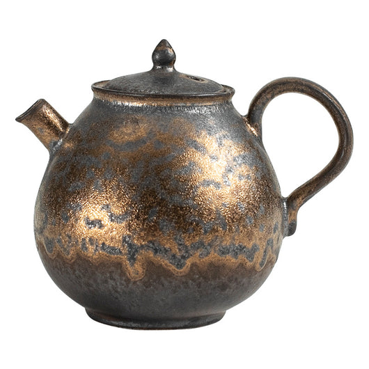 Tetera Japonesa de Cerámica Artesanal con Esmalte Oxidado y Detalles Dorados - Image 4