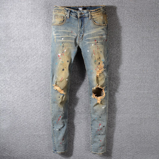 Jeans Rotos Estilo Cowboy Vintage con Detalles Amarillos y Destrucción Artesanal - Image 6