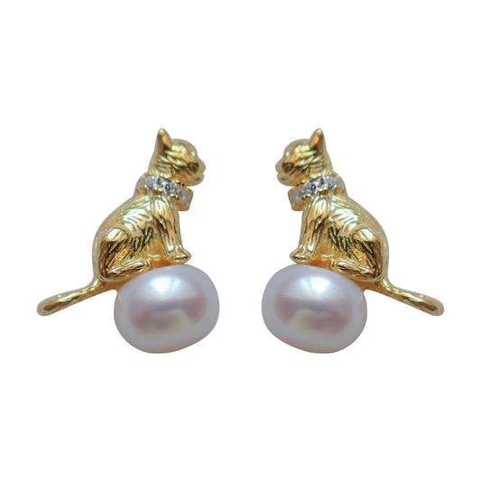 Aretes de Gato con Perla y Collar - Diseño Adorable