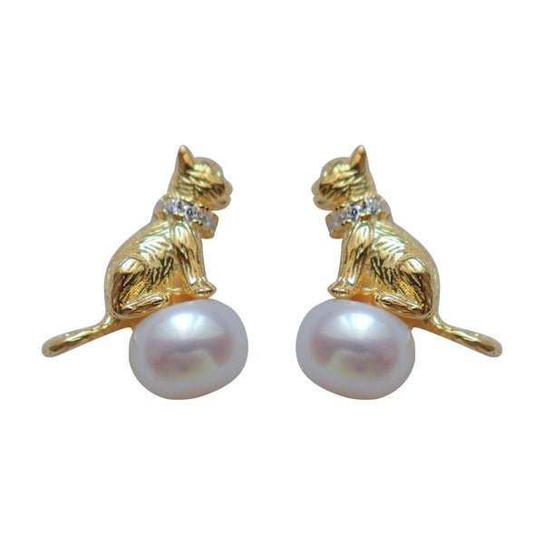 Aretes de Gato con Perla y Collar - Diseño Adorable