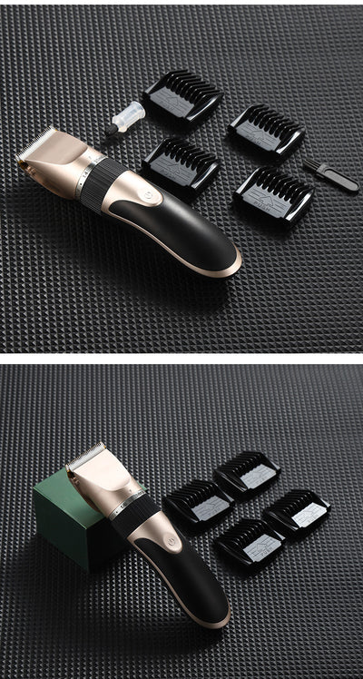 Gold and black electric hair clipper with an adjustable blade, held by a hand against a red background. Text indicates a free 17-piece set for the whole family. - Image 23
