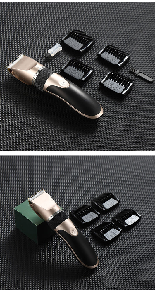 Gold and black electric hair clipper with an adjustable blade, held by a hand against a red background. Text indicates a free 17-piece set for the whole family. - Image 23