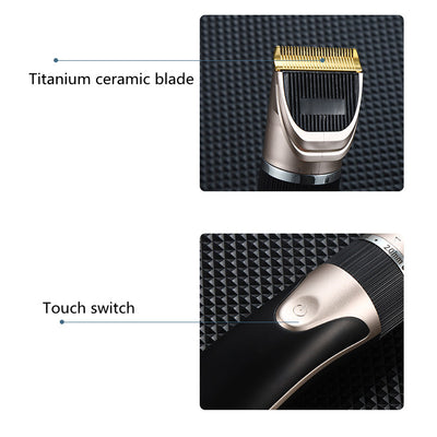 Gold and black electric hair clipper with an adjustable blade, held by a hand against a red background. Text indicates a free 17-piece set for the whole family. - Image 20