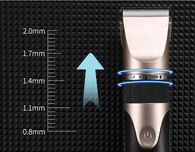 Gold and black electric hair clipper with an adjustable blade, held by a hand against a red background. Text indicates a free 17-piece set for the whole family. - Image 22