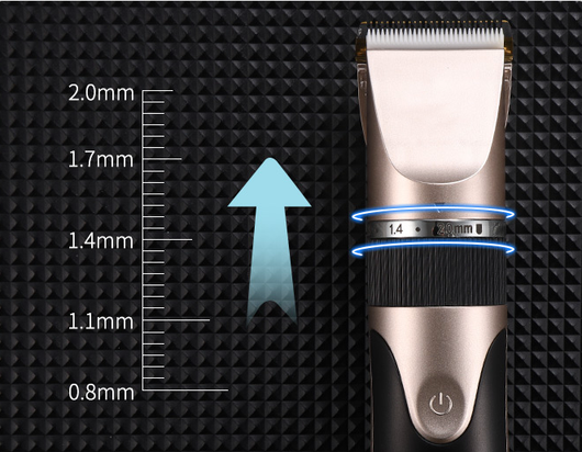 Gold and black electric hair clipper with an adjustable blade, held by a hand against a red background. Text indicates a free 17-piece set for the whole family. - Image 22