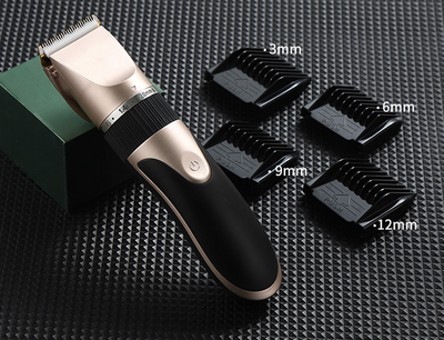 Gold and black electric hair clipper with an adjustable blade, held by a hand against a red background. Text indicates a free 17-piece set for the whole family. - Image 19