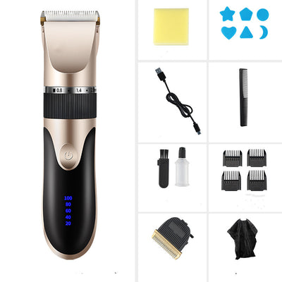 Gold and black electric hair clipper with an adjustable blade, held by a hand against a red background. Text indicates a free 17-piece set for the whole family. - Image 10