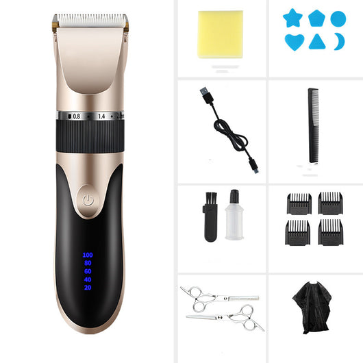 Gold and black electric hair clipper with an adjustable blade, held by a hand against a red background. Text indicates a free 17-piece set for the whole family. - Image 13