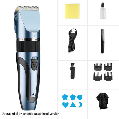 Gold and black electric hair clipper with an adjustable blade, held by a hand against a red background. Text indicates a free 17-piece set for the whole family. - Image 5