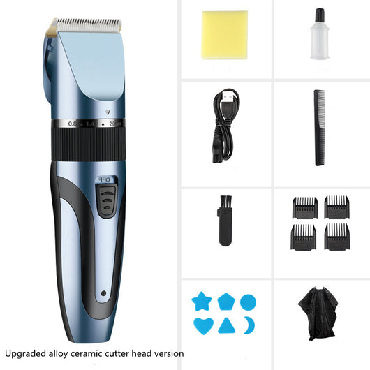 Gold and black electric hair clipper with an adjustable blade, held by a hand against a red background. Text indicates a free 17-piece set for the whole family. - Image 5