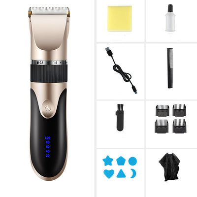 Gold and black electric hair clipper with an adjustable blade, held by a hand against a red background. Text indicates a free 17-piece set for the whole family. - Image 7