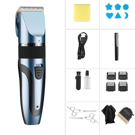 Gold and black electric hair clipper with an adjustable blade, held by a hand against a red background. Text indicates a free 17-piece set for the whole family. - Image 15