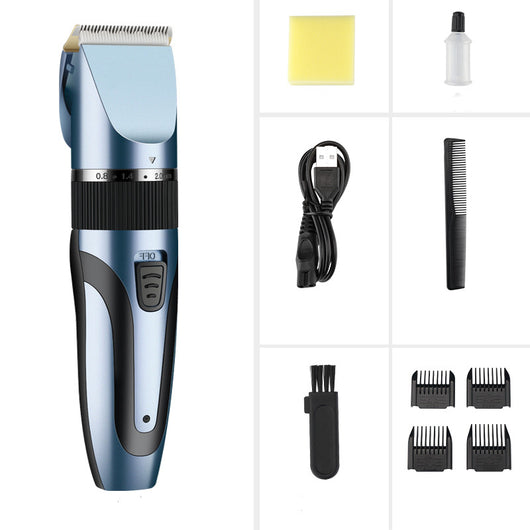 Gold and black electric hair clipper with an adjustable blade, held by a hand against a red background. Text indicates a free 17-piece set for the whole family. - Image 4