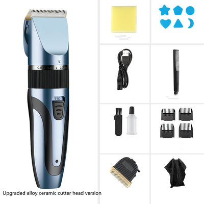 Gold and black electric hair clipper with an adjustable blade, held by a hand against a red background. Text indicates a free 17-piece set for the whole family. - Image 9
