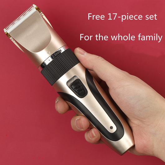 Gold and black electric hair clipper with an adjustable blade, held by a hand against a red background. Text indicates a free 17-piece set for the whole family. - Image 17