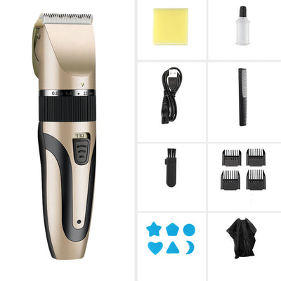 Gold and black electric hair clipper with an adjustable blade, held by a hand against a red background. Text indicates a free 17-piece set for the whole family. - Image 6